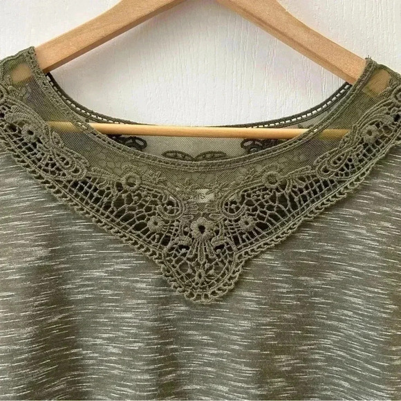 Ricki’s Cap Sleeve T-Shirt Crochet Trim Top Khaki Green Space Dye Small - Picture 7 of 14